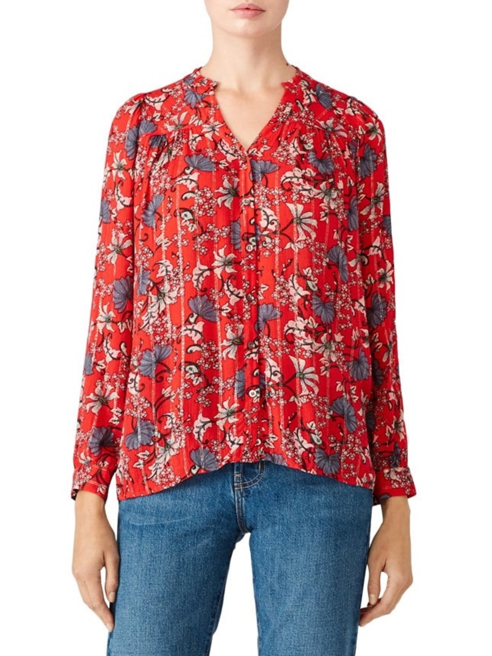 ba&sh Red Floral Long-Sleeve Button Blouse